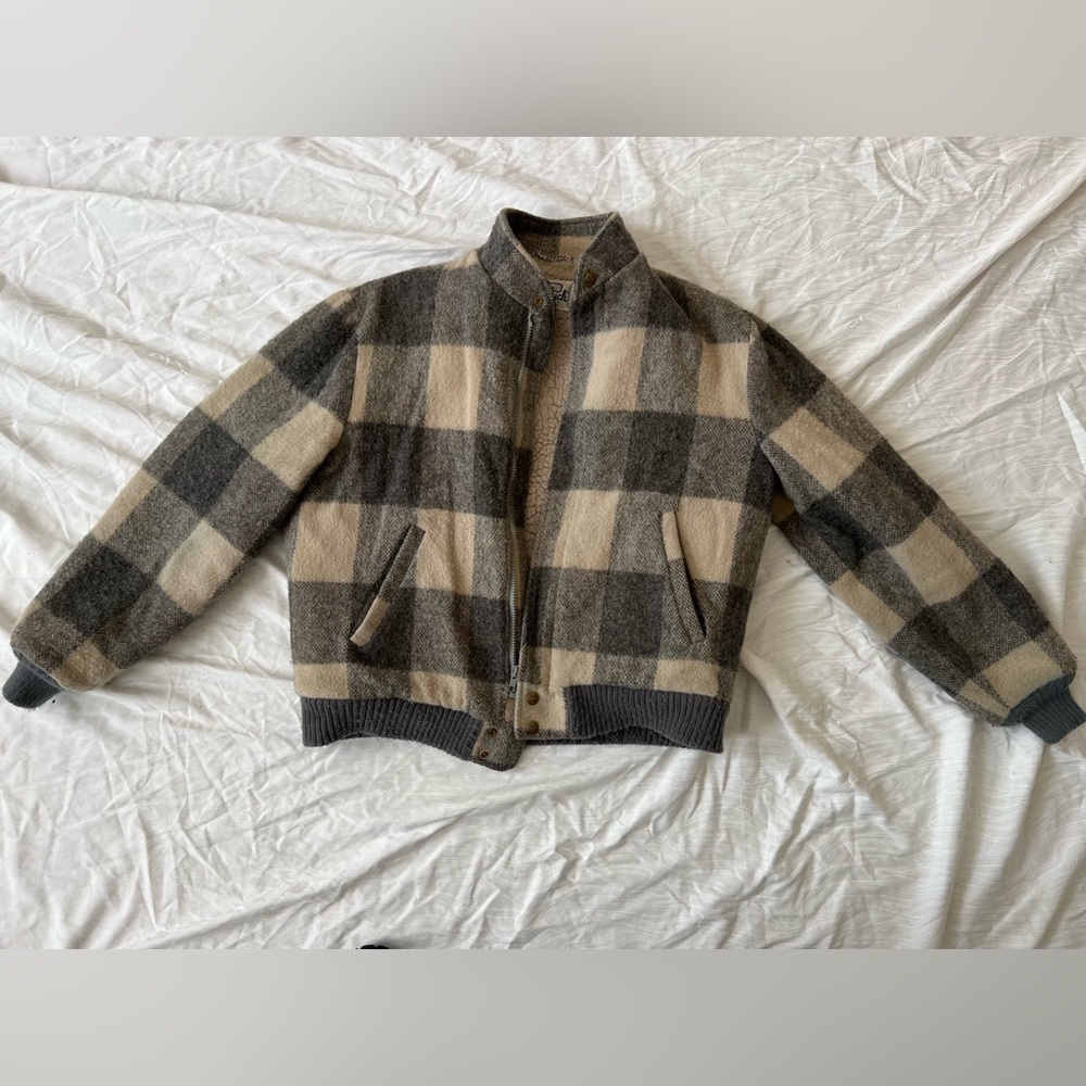 Woolrich Beige and Gray Plaid Bomber Jacket